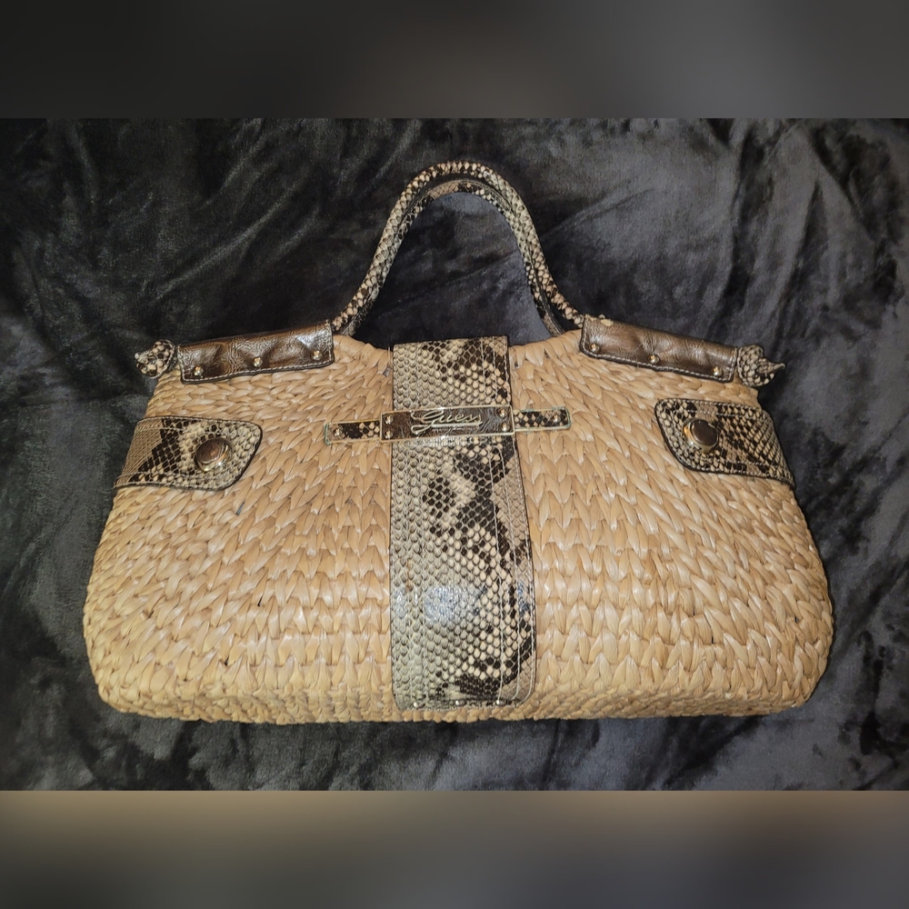 G by Guess Tan and Brown Shoulder Bag with Faux Crocodile Texture